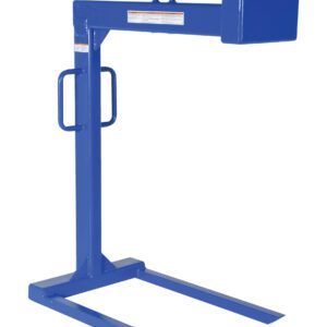 The Vestil Pallet Lifter 2K Cap with 36-inch fork length enhances this blue metal drum lifter, featuring a vertical frame, side handles, and two horizontal prongs. A sturdy top hook is included for lifting, shown against a plain white background.