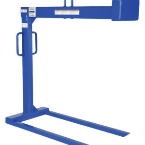 The blue heavy-duty forklift jib attachment, similar to the Vestil Pallet Lifter 2K Cap 48-In Fork Length, features a robust frame with two forward-extending parallel arms. Its perfect for lifting materials in warehouse or industrial environments.
