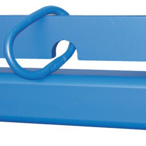 A close-up of a blue metal bracket with a circular loop at the center is reminiscent of the Vestil Pallet Lifter with its rectangular design, curved cutouts, cylindrical base, and smooth painted surface. It features an adjustable bail option suitable for 2K lifting needs.