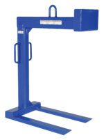 The Vestil Pallet Lifter 4K Cap 36 In Fork Length features a blue steel crane fork attachment with two parallel 36-inch horizontal forks, a vertical support frame, side handles, and top hook, designed for carrying heavy materials up to a 4K capacity.