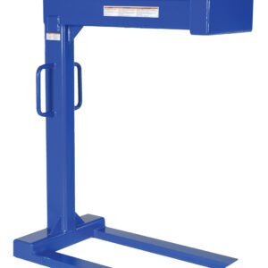 The Vestil Pallet Lifter 4K Cap 36 In Fork Length features a blue steel crane fork attachment with two parallel 36-inch horizontal forks, a vertical support frame, side handles, and top hook, designed for carrying heavy materials up to a 4K capacity.