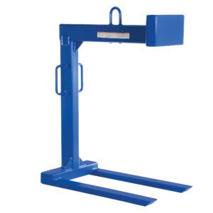 The Vestil Pallet Lifter 4K Cap 42 In Fork Length features a blue metal lifting attachment with dual prongs, designed to fit forklifts for load transport. It includes handles, a top hook, and a rectangular block above the 42-inch fork prongs.