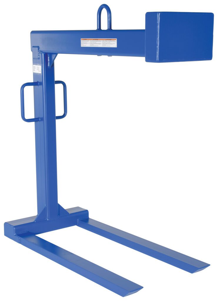 The Vestil Pallet Lifter 4K Cap 48 In Fork Length features a sturdy blue L-shaped frame for easy forklift integration. With 48-inch forks and two parallel prongs, it is ideal for lifting heavy loads up to 4,000 pounds in warehouses or construction sites.