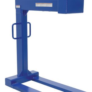The Vestil Pallet Lifter 6K Cap, with a 42-inch fork length, includes a blue steel lifting attachment, rectangular base, parallel prongs, vertical support handles, and a top loop for forklift use.