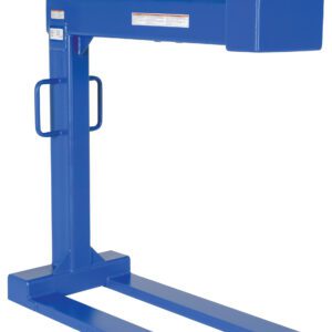 The Vestil Pallet Lifter 6K Cap 48 In Fork Length features a blue industrial design with a top hook and two parallel fork prongs for lifting and transporting palletized goods, while side handles ensure easy maneuverability.