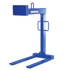 The Vestil Pallet Lifter 6K Cap has a blue industrial design with a vertical frame and horizontal prongs, ideal for forklifts. It features a 54-inch fork length, top hook for secure mounting, and side handles for easy maneuvering, combining sturdiness with practicality.
