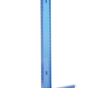 A tall, blue metal beam forms an inverted T shape, like the Vestil Heavy Duty Double Cantilever 12Ft 30/36 Arm, with evenly spaced holes on the vertical section, balancing sleekness with industrial design.