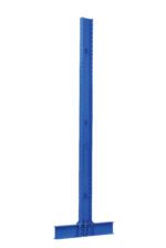 The Vestil Heavy Duty Double Cantilever 14Ft 24 Arm is a tall blue metal rack with a vertical column of evenly spaced holes and a horizontal support base, perfect for warehouse shelving systems, set against a plain white background.