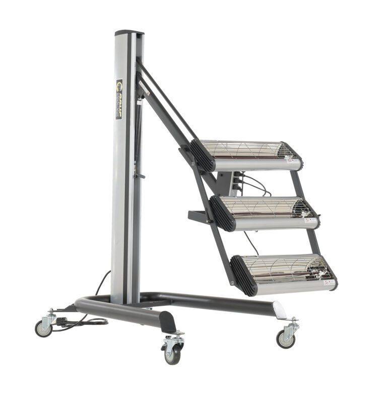 The Vestil Heater Infrared 3 Panel 230V-1Ph is portable and features three vertically stacked, adjustable heating elements. Its mounted on a wheeled stand with vertical support, providing a sturdy base and smooth mobility with four caster wheels.