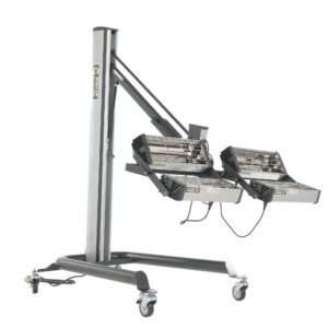 The Vestil Heater Infrared 4 Panel 230V-1Ph is a robust mobile unit with four adjustable heating panels on a wheeled stand, designed for curing paint and coatings and ideal for professional use.