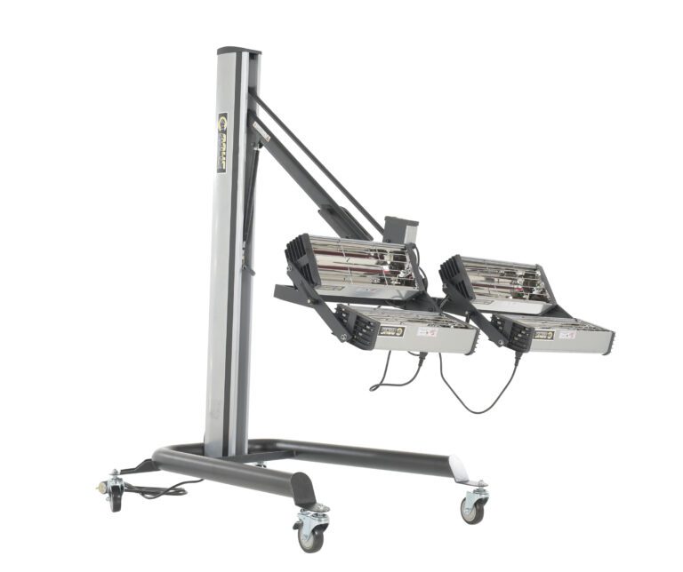 The Vestil Heater Infrared 4 Panel 230V-1Ph is a robust mobile unit with four adjustable heating panels on a wheeled stand, designed for curing paint and coatings and ideal for professional use.