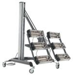 The Vestil Heater Infrared 6 Panel 230V-1Ph features six rectangular lamps on adjustable arms in two rows of three, mounted on a wheeled base with four caster wheels for easy mobility.