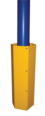 The yellow Vestil Hexagonal Column Guard 48 In Height securely bolts around a blue pole, providing enhanced protection and stability.