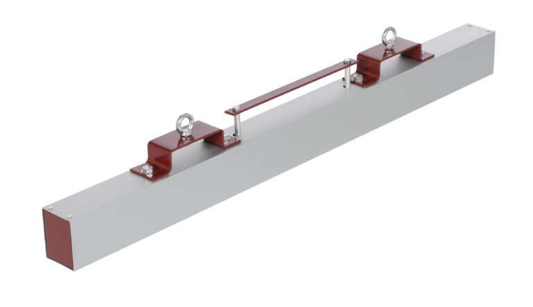 A long, light gray rectangular metal beam with two maroon brackets on top, each containing an eyelet and joined by a metal handle similar to the Vestil Magnetic Sweeper Forklift Hang 48 In design.