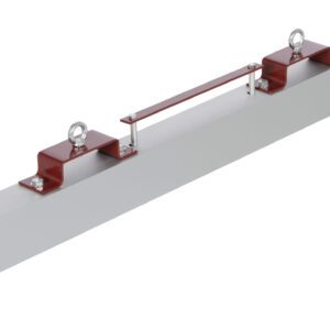 A long, light gray rectangular metal beam with two maroon brackets on top, each containing an eyelet and joined by a metal handle similar to the Vestil Magnetic Sweeper Forklift Hang 48 In design.