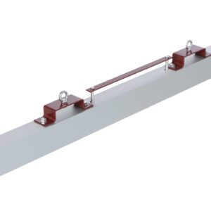 This long, rectangular metal beam has red end caps and eye bolts on top, with a red handle for easy maneuvering. Like the versatile Vestil Magnetic Sweeper Forklift Hang 60 In, it can easily hang on a forklift and is ideal for lifting or structural support tasks.