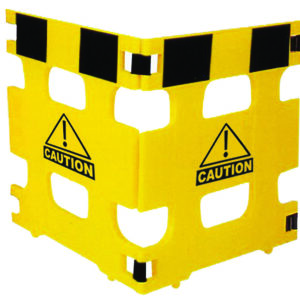 The Vestil Multi-Purpose Barricade 2 Panel 74 In has a yellow and black checkered pattern, bold black exclamation mark, and CAUTION inside a triangle. Its corner design allows for easy folding or angular setups.