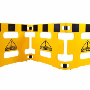 The Vestil Multi-Purpose Barricade 3 Panel 111 In has a yellow caution barrier with a black and yellow checkered pattern, featuring two triangular warning symbols with exclamation marks and CAUTION on slightly folded panels against a white background.