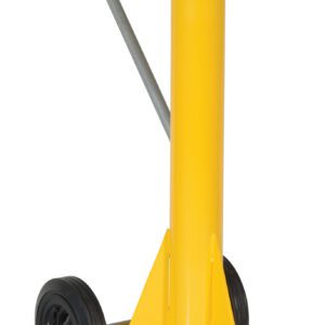 The Vestil Trailer Stabilizing Jack Ratchet 50K Cap features a yellow high-lift axle stand, red-handled ratchet lever, and a flat top platform for vehicle support. It includes a round base for stability and two black wheels for mobility.