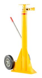 The Vestil Trailer Stabilizing Jack Ratchet 40K Cap features a yellow body, red handle, and two black wheels. Its vertical design and top ratchet mechanism enhance stability. It stands freely against a white background.
