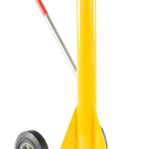 The Vestil Trailer Stabilizing Jack Ratchet 40K Cap features a yellow body, red handle, and two black wheels. Its vertical design and top ratchet mechanism enhance stability. It stands freely against a white background.