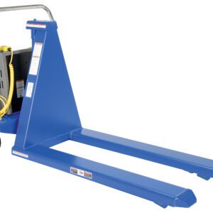 A blue pallet jack with a metal handle and rubber wheels resembles the Vestil High Lift Truck DC Powered 27W x 48L, featuring long forks for lifting and yellow coiled cables indicating it is designed for efficient pallet movement.