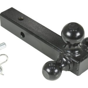 The Vestil Three Ball Tow Hitch - Black showcases a sleek design with varying-sized balls and mounting holes, complemented by a silver hitch pin and clip, all set against a white background for striking contrast.