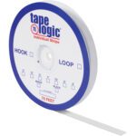 The product displayed is Tape Logic® 1/2 x 75 White Loop Tape, featuring a blue and white label emphasizing Individual Tape Strips with noted lengths and colors. A strip is partially extended to demonstrate its practical design.