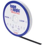 The 1 x 75 Black Hook Tape Logic® roll features individual strips with hook and loop sides, measurement indicators, and white with blue accents. It is available in black or white and extends seamlessly to a full 75 feet.