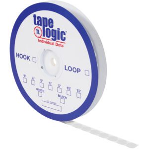 The 3/8 White Loop Tape Logic® Individual Tape Dots feature a blue and white design with Hook labeling and include 1800 dots per roll, showcasing dot sizes in inches. A strip elegantly extends from the roll.