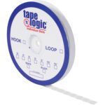 A white and blue roll of 1/2 White Hook Tape Logic® Individual Tape Dots (1440 Dots) with a dispenser, featuring Hook and Loop printed, includes a partially unrolled strip of white dots for versatile use.