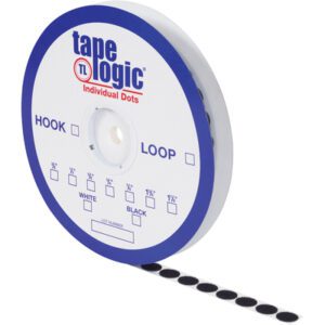 The product, 3/4 Black Loop Tape Logic® Individual Tape Dots, features 1028 black loop dots per roll. The packaging is white with blue edges and displays sizes in inches.