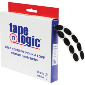 A box of 1/2 Black Dots Tape Logic® Combo Pack (200/Case) is displayed, showing self-adhesive hook and loop fasteners. Some strips are partially pulled out from the package with a white background featuring blue and red text.