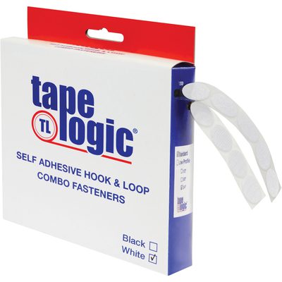 HLT183.jpg 3/4 White Dots Tape Logic® Combo Pack (200/Case) features black and white self-adhesive hook and loop fasteners. The packaging is white with red and blue text, displaying two partially pulled-out strips.