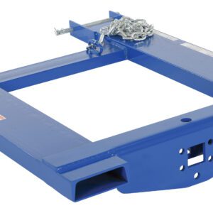 The Vestil Fork Truck Hook Base 32.375 In 4000 Lb is a blue rectangular forklift attachment with a metal chain on top, two arms with securing holes, and visible bolts on its smooth surface. It supports loads up to 4000 lbs.