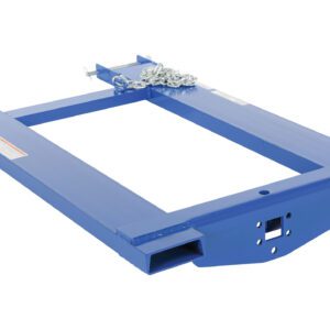 The Vestil Fork Truck Hook Base 44.375 In 4000 Lb features an industrial blue attachment with a flat rectangular frame, sturdy metal chains, forklift fork slots, and a mounting section. It has a smooth surface with warning labels and measures 44.375 inches while supporting up to 4000 lbs.