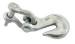 The Vestil Rigid Grab Hook With Shackle 4000 Lb Cap is a durable silver hook clasp with a safety latch, designed for heavy-duty use. It securely connects to chains or equipment and features stamped markings for authenticity and reliability.