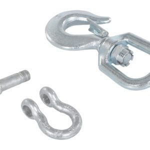 The Vestil Swivel Hook With Shackle 4K Capacity, shown on a white background, includes a metal swivel hook with a latch and a U-shaped shackle with threaded ends. The cylindrical pin is designed to fit seamlessly with the shackle.