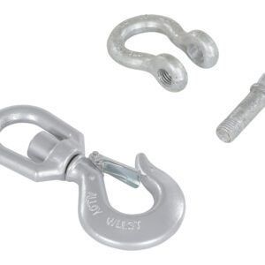 On a white background is the Vestil Swivel Hook With Shackle 6K Capacity, featuring a sleek, shiny metallic alloy lifting hook with ALLOY and WLALST inscribed, accompanied by a shackle and separate screw pin.