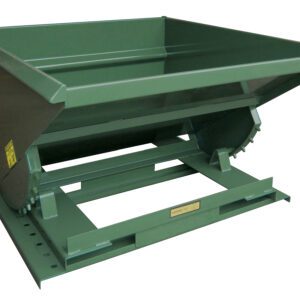 The green Vestil Self-Dump Heavy Duty Hopper 1 Cu Yd 6 K, designed for industrial use, sports sloped sides and a flat base. Its sturdy build and pivot mechanism ensure efficient unloading, making it perfect for manufacturing or construction environments.