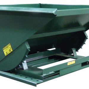 A large, green, industrial metal dumpster with a sloped front and flat bottom sits on a sturdy metal base, its caution labels evoking the Vestil Self-Dump Light Duty Hopper 1.5 Cu Yd 2K, designed for heavy-duty waste handling.