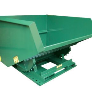 The large green Vestil Self-Dump Hopper, with angled sides and a rectangular opening on a wheeled base, handles 2.5 cubic yards and 6K weight limit for easy material transport or dumping.