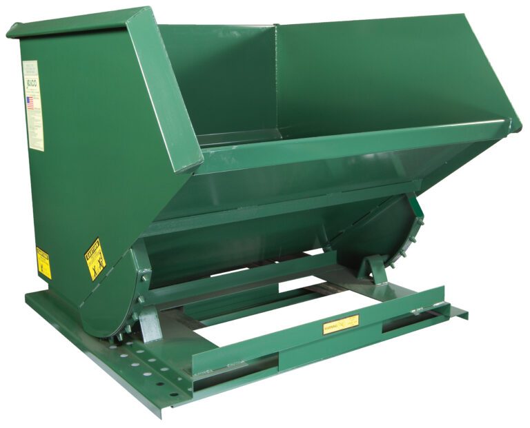 The Vestil Self-Dump Med Duty Hopper 2.5 Cu Yd 4K is a large green rectangular metal hopper with a wheeled base, an open top for bulk materials, and caution signs on the sides.