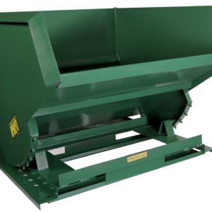The Vestil Self-Dump Heavy Duty Hopper 3 Cu Yd 6K is a large, green, industrial steel hopper featuring a wide top opening angled downwards for efficient material handling and mounted on a sturdy metal base with pivot points for easy tilting and discharging contents.