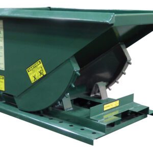 The Vestil Self-Dump Heavy Duty Hopper 1/3 Cu Yd 4K is a green steel hopper with a sloped design, safety labels, and sturdy metal base. It features a side handle for efficient handling of bulk materials in factories or construction sites.