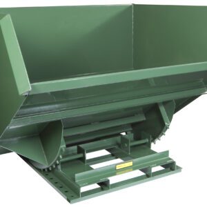The Vestil Self-Dump Heavy Duty Hopper 4 Cu Yd 6K is a robust green industrial hopper with a reinforced frame and slanted front edge for efficient material handling and dumping, featuring a sturdy base for stability.