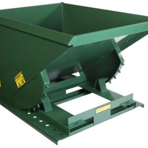 Introducing the Vestil Self-Dump Heavy Duty Hopper 1/2 Cu Yd 4K, a green steel hopper with a square opening for efficient waste management. It features caution labels, a stable base, and tilts for easy unloading.