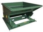 A large green metal dumpster, similar to the Vestil Self-Dump Heavy Duty Hopper 3/4 Cu Yd 5K, features a rectangular design with a sloped bottom and sturdy base, ideal for holding and transporting heavy materials.
