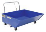 The Vestil Low Profile Parts Hopper 1/2 Cu Yd 2K in blue has four black wheels, a silver handle for easy transport, and warning labels on the side, contrasting with its white background.