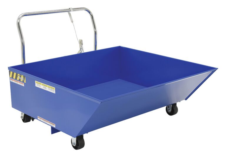 The Vestil Low Profile Parts Hopper 1/2 Cu Yd 2K in blue has four black wheels, a silver handle for easy transport, and warning labels on the side, contrasting with its white background.